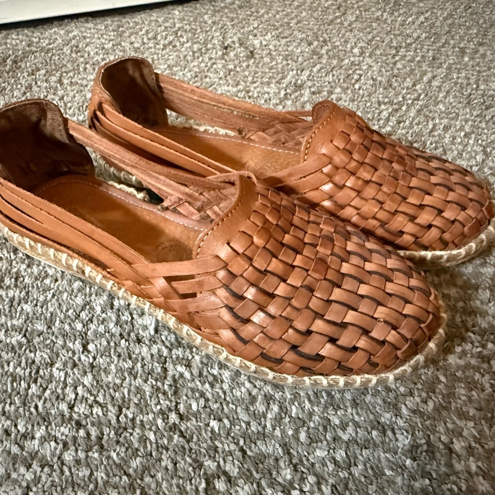 Woven Leather Espadrille Flats - Tan Brown